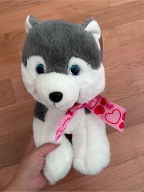 Plush Husky Dog Toy - Gray & White with Pink Heart Ribbon
